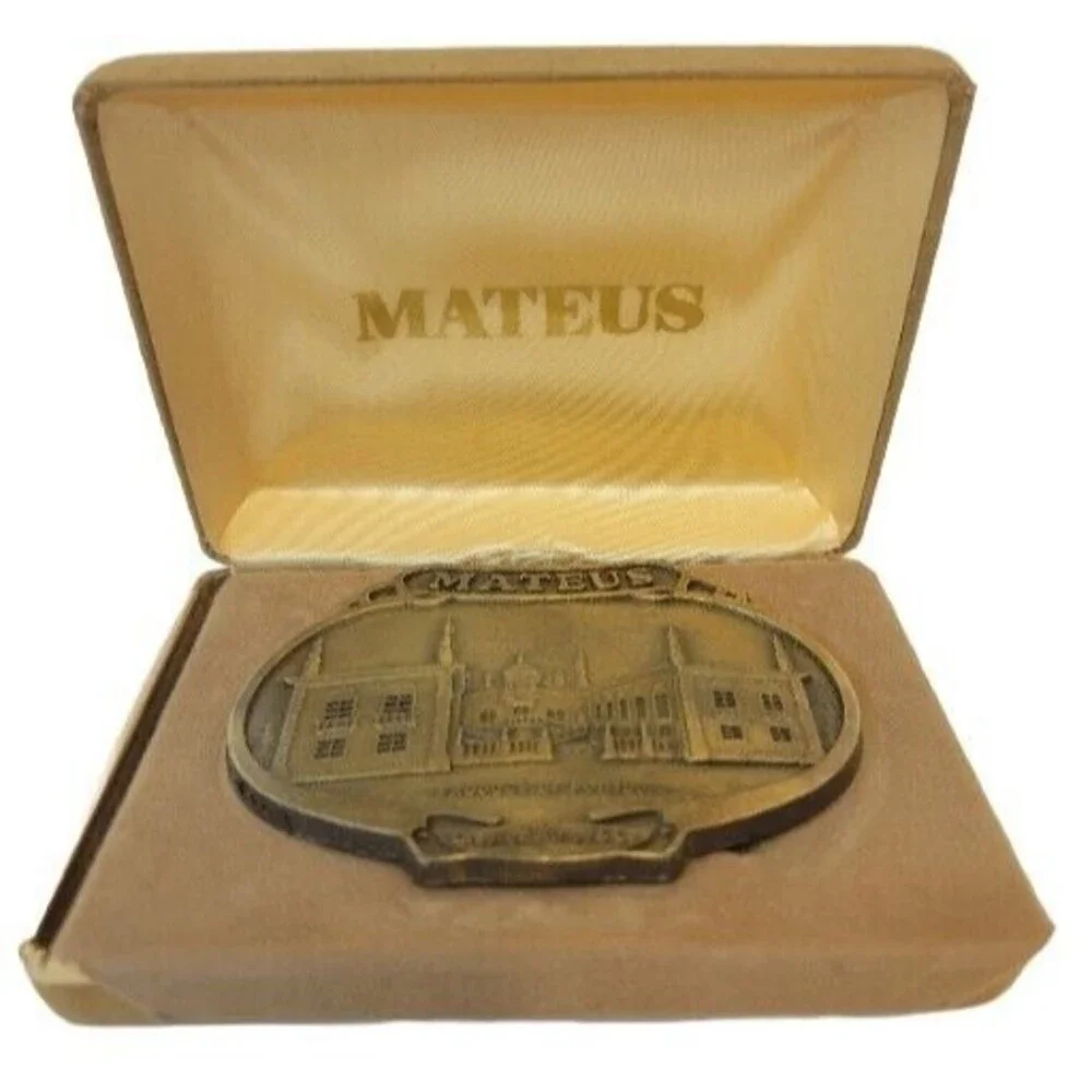 Vtg 1970s Mateus Booze Produce Of Portugal Brasstone Belt Buckle With Box